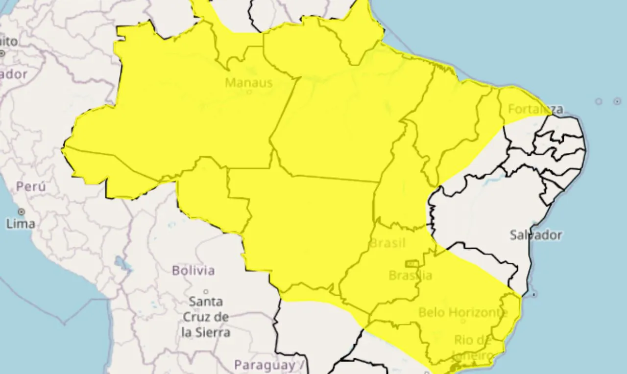 O mapa mostra as &aacute;reas em alerta para chuva intensa e ventos